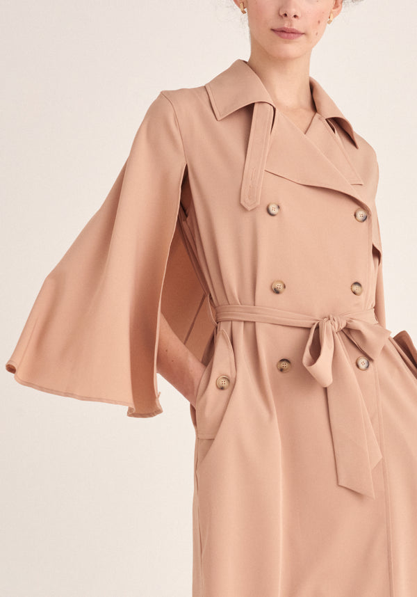 Paisie Cape Sleeve Trench Coat in Tan Close Up